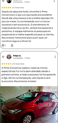 Feedbacks positivos de clientes Prime Consórcios