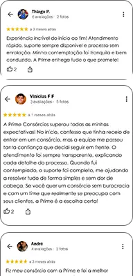 Feedbacks positivos de clientes Prime Consórcios